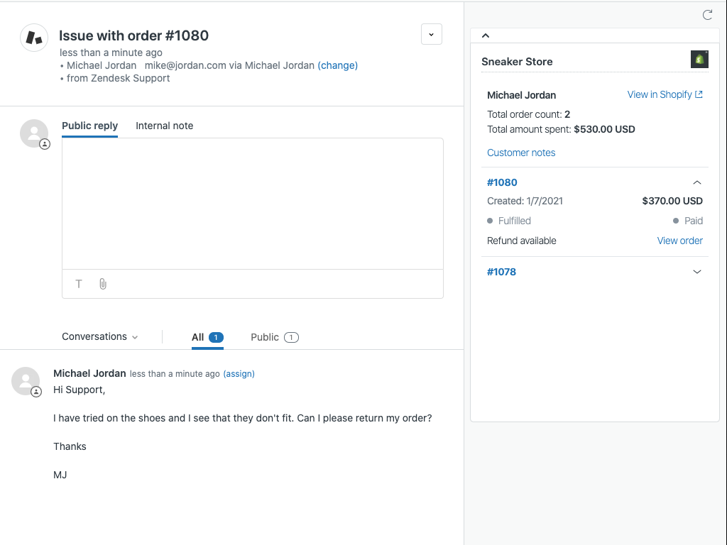 Shopify for Zendesk primary marketing image — eComm and Payments app on the Zendesk Marketplace