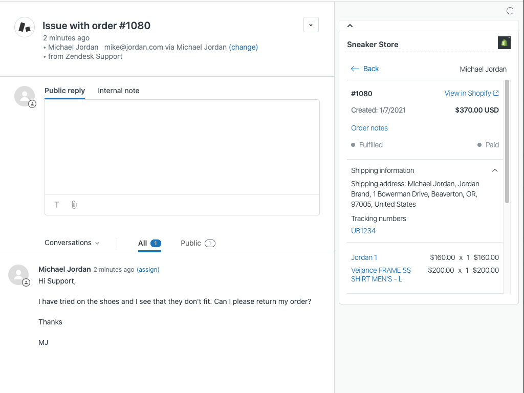 Shopify for Zendesk dashboard view — eComm and Payments app on the Zendesk Marketplace
